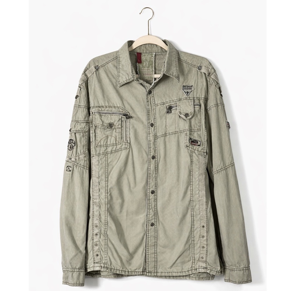 FUSAI Womens Olive Green Utility Pocket Patch Long Sleeve Button Up Shirt Size L - Picture 3 of 6